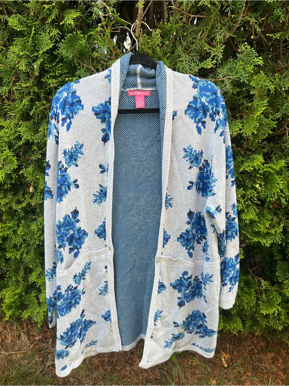 Woman Within Blue and White Knit Cardigan